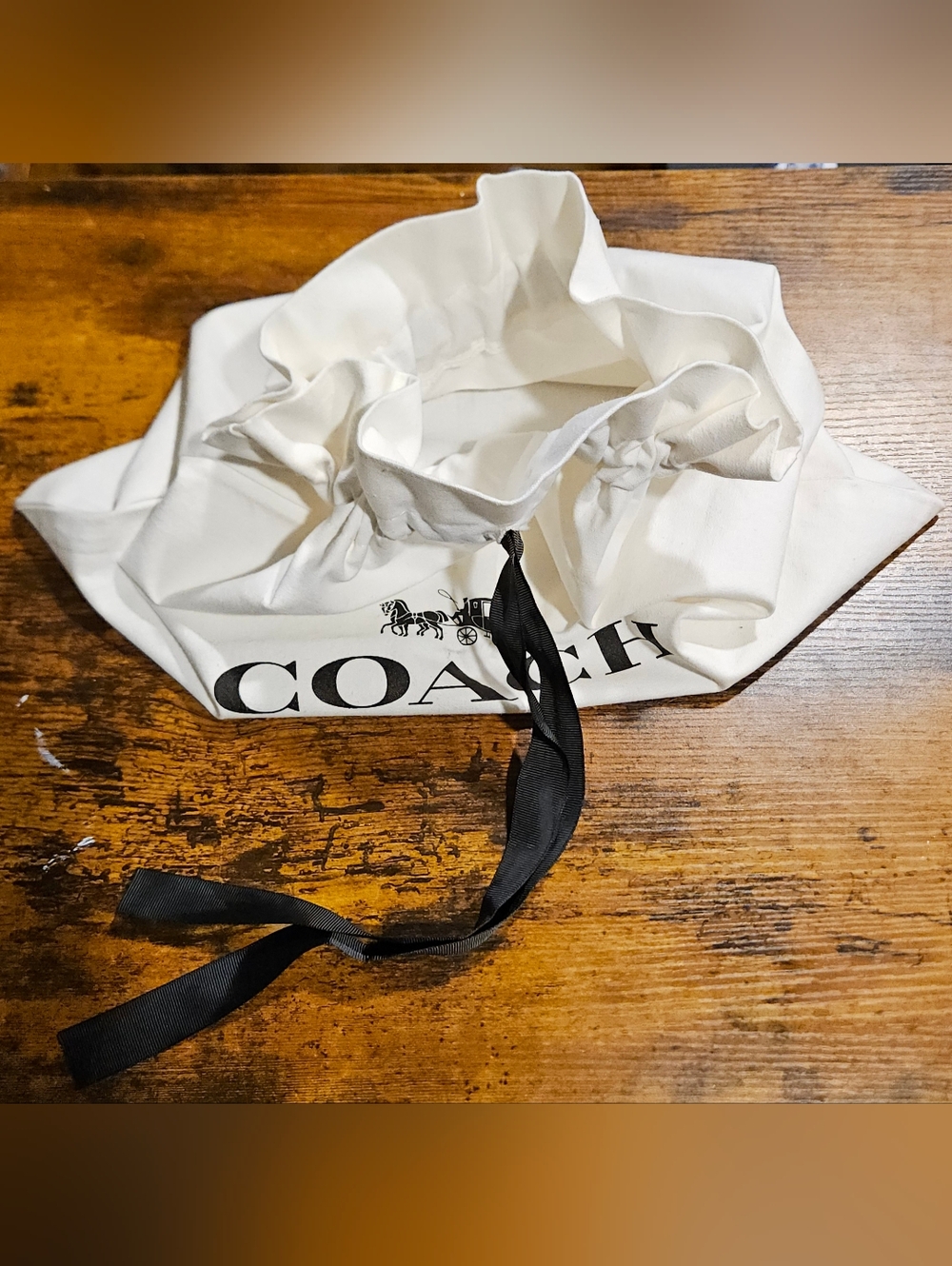 NEW RARE Coach Large White Dust Bag Black Ribbon Drawstring Handbag Storage - Picture 7 of 12